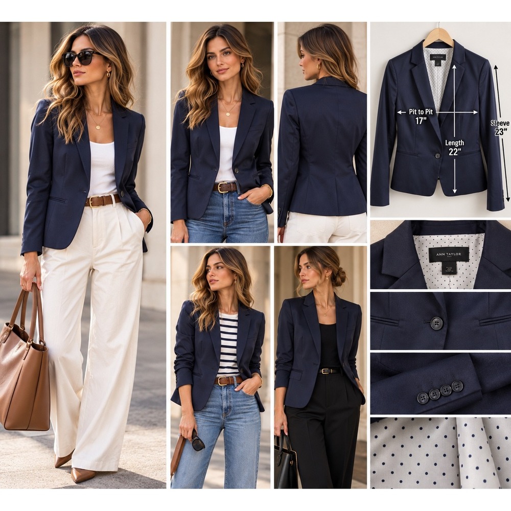 Navy Tailored Blazer Women's 8 Quiet Luxury Preppy Career Ann Taylor Jacket